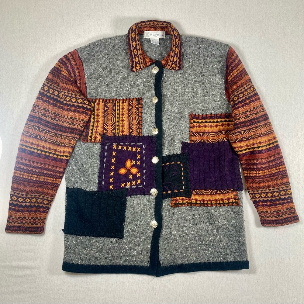 Vintage Chrysantheme Patchwork Knit Cardigan Sweater